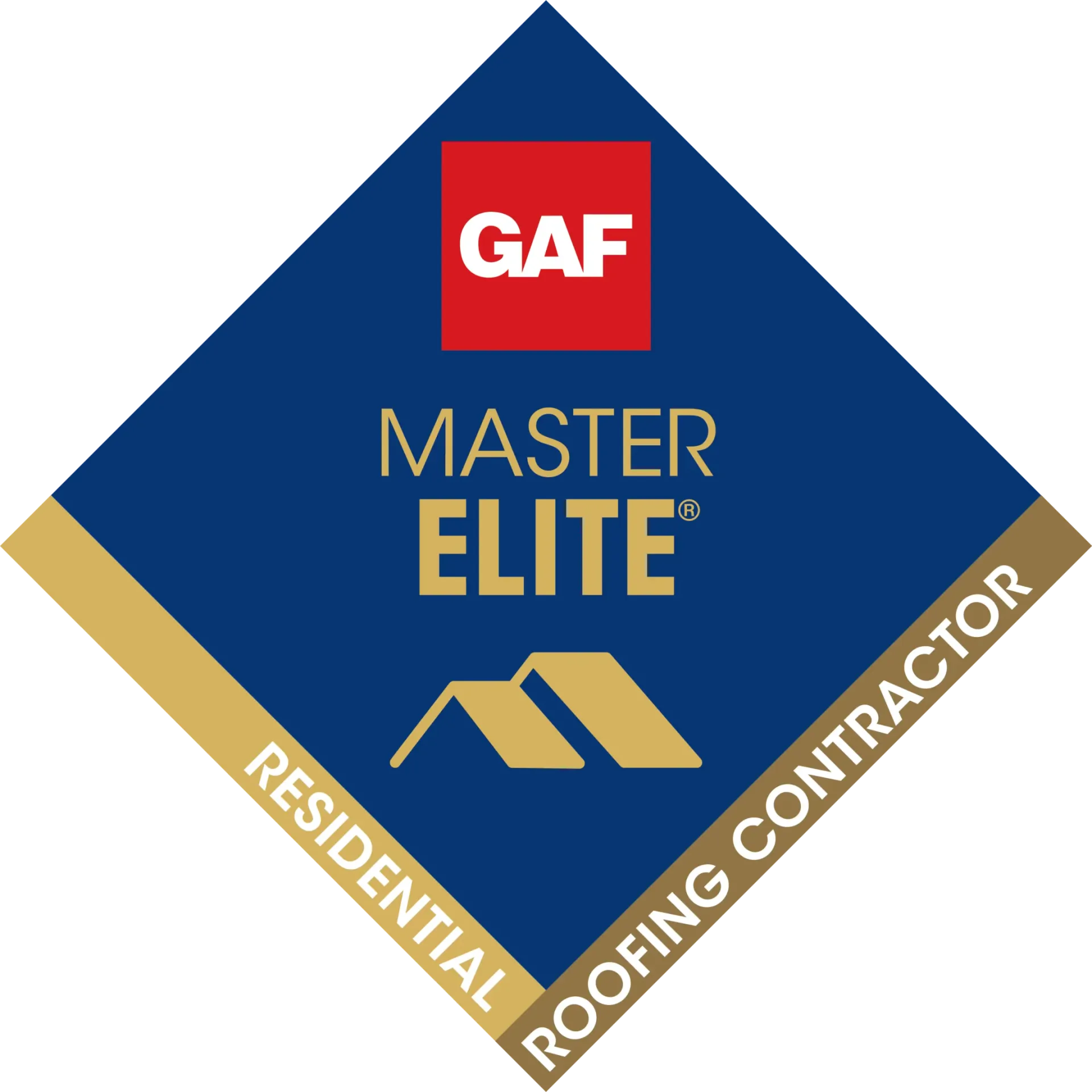 GAF Master Elite Residential Roofing Contractor badge: blue diamond with gold accents, red GAF logo, and roof icon.