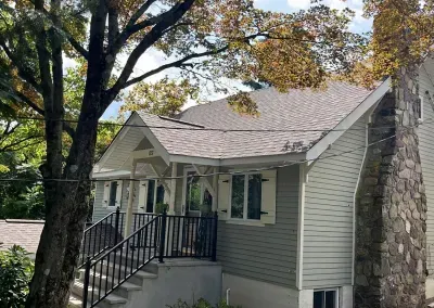 A light green house with a gray roof, black railing, and stone chimney. Trees surround the house on a sunny day.