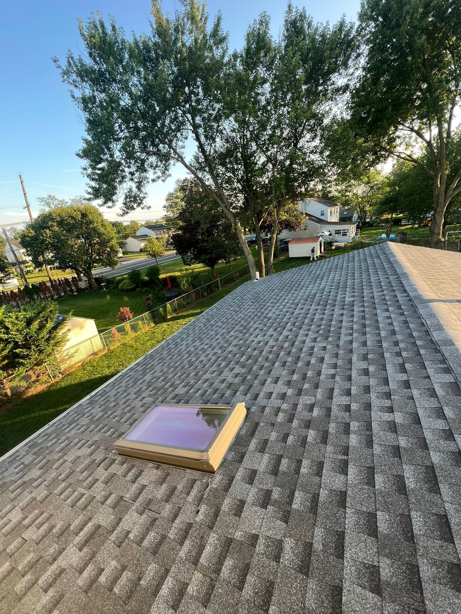 View from a rooftop with gray shingles and a skylight. A tree and yard are in the background.