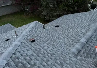 View of a gray asphalt shingle roof with various vents and ridges, set against a backdrop of green grass and trees.