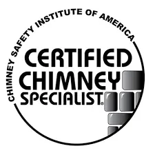 Circular logo for Certified Chimney Specialist with the Chimney Safety Institute of America seal.  A stylized brick chimney is visible.