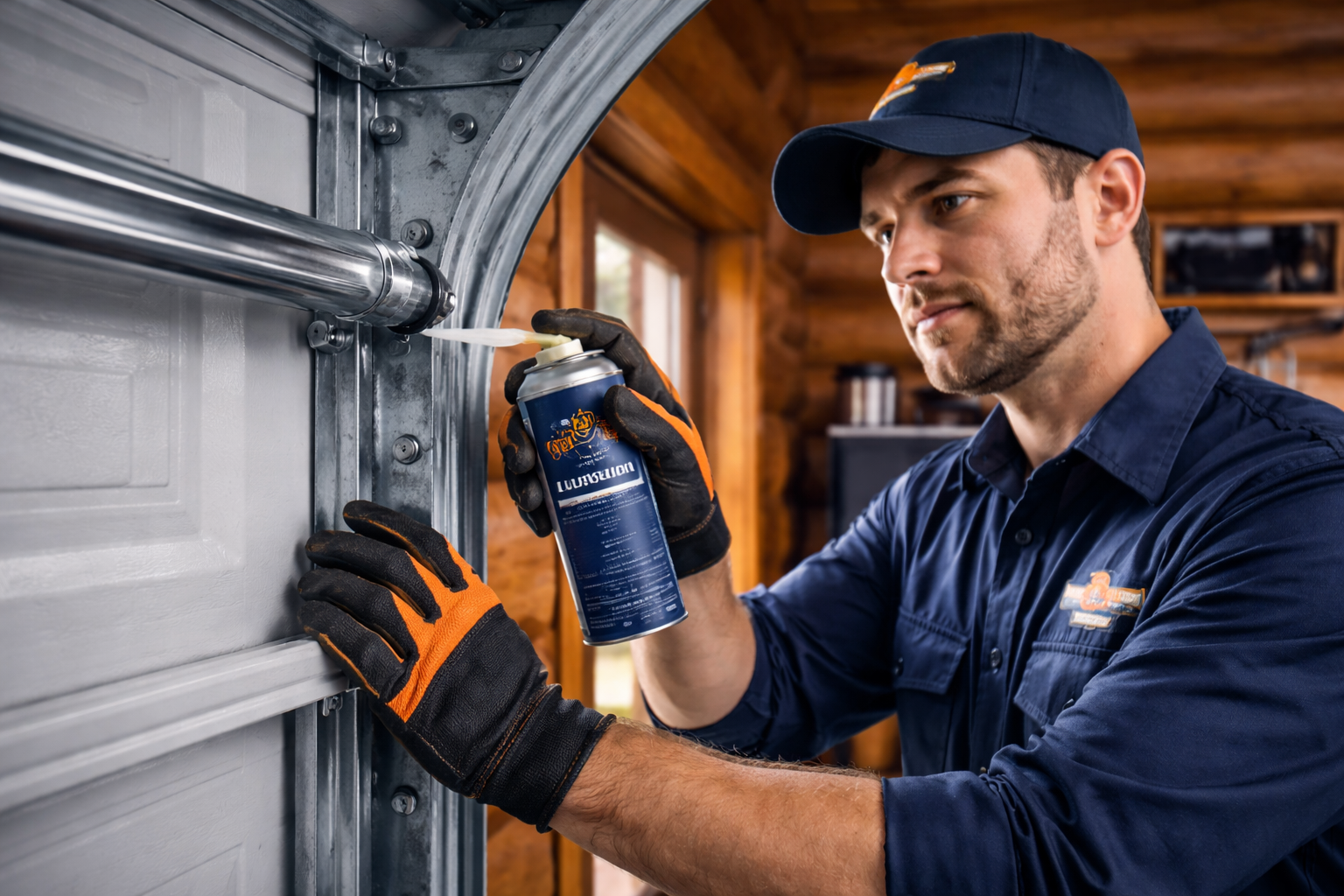 Man in work uniform lubricating a garage door track with spray lubricant.