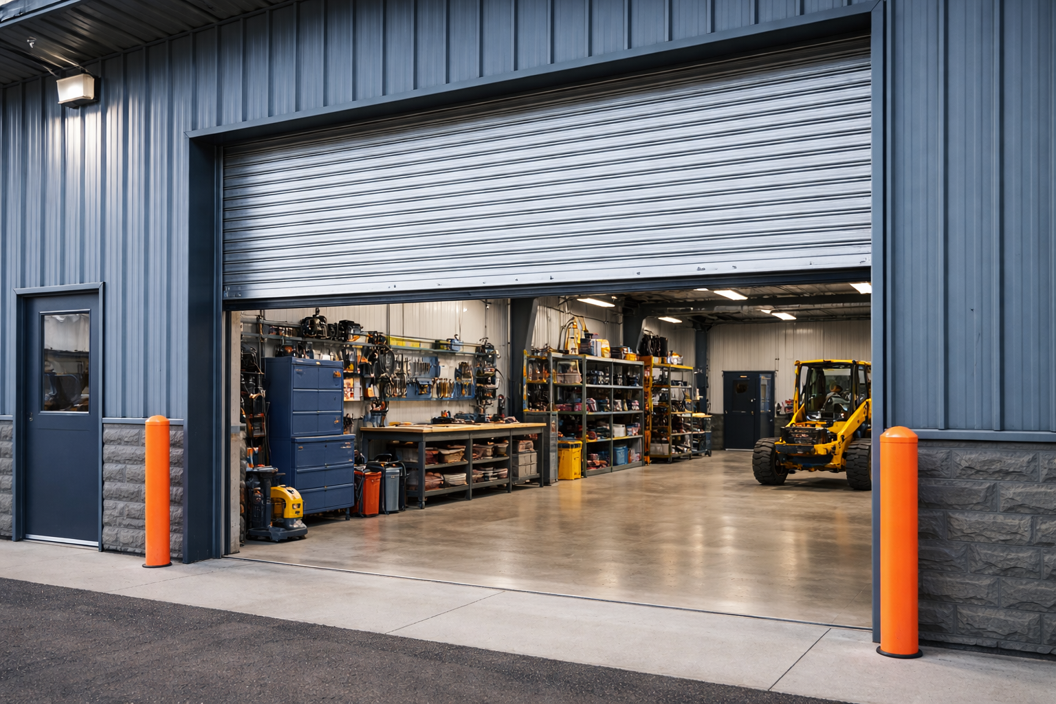 Exterior view of a workshop with an open roll-up door, showing interior with tools, shelves, and a vehicle.