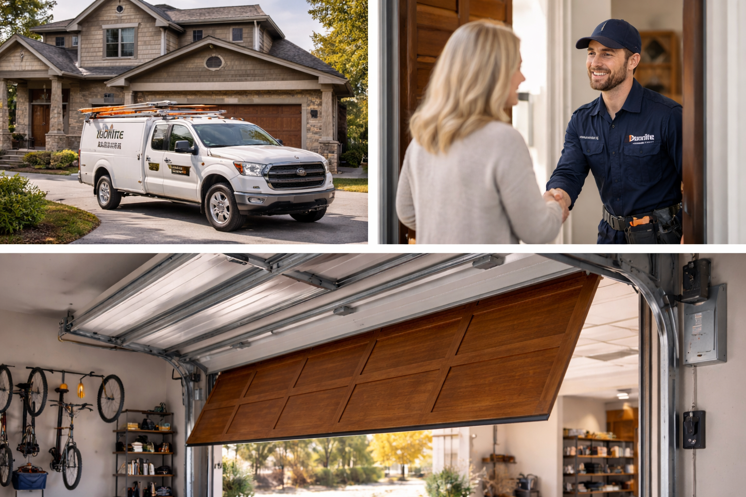 White truck in front of a house; technician shaking hands with woman, and an open garage door.