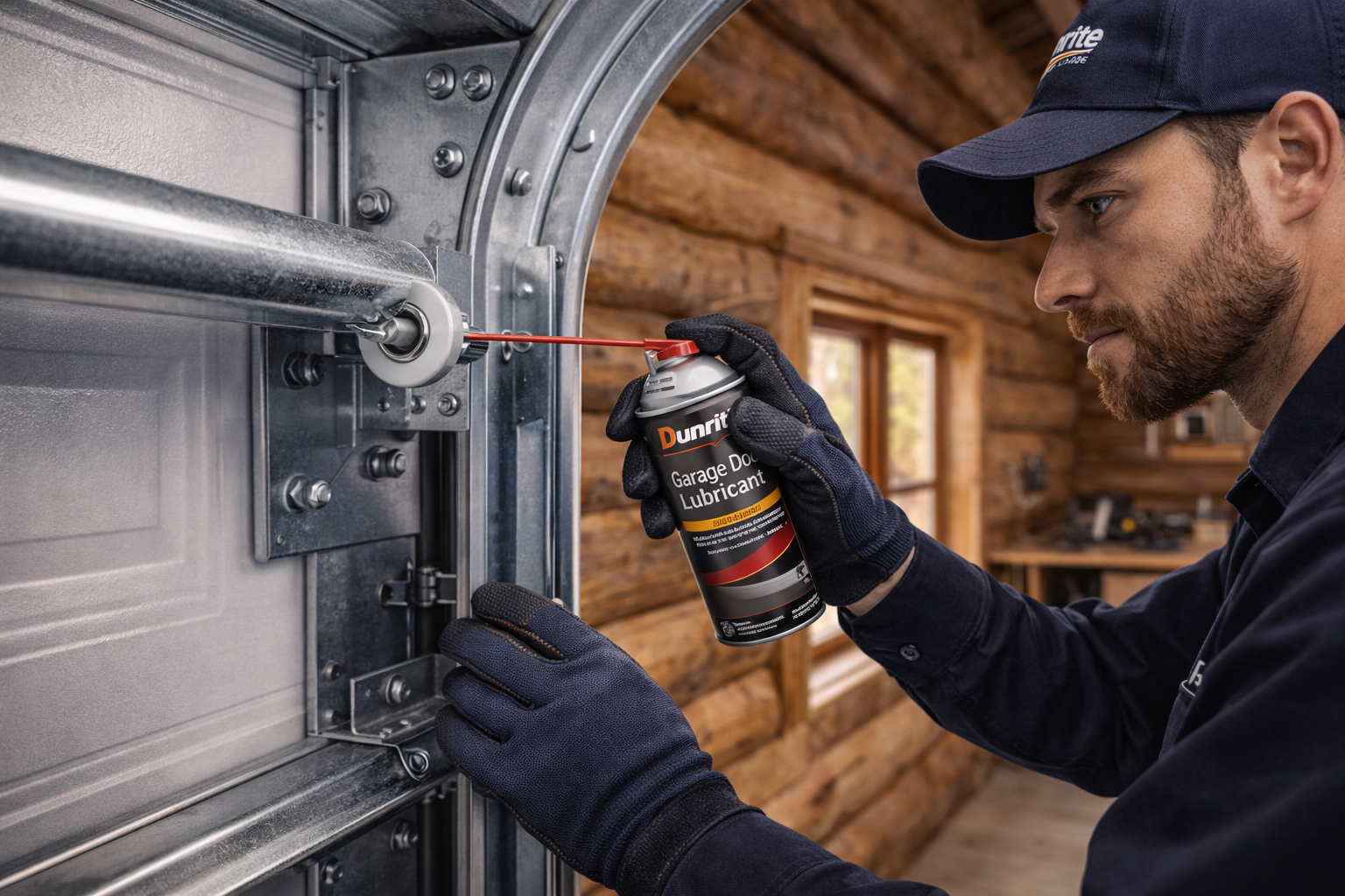 Man lubricating a garage door roller with a spray can inside a log cabin.