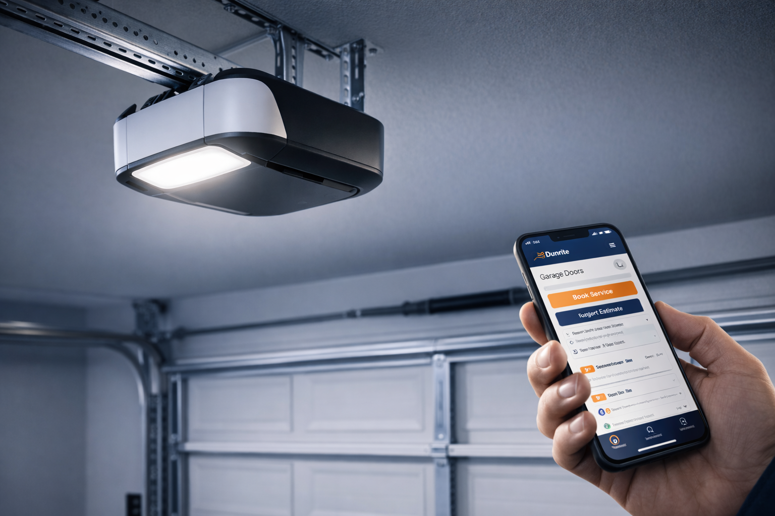 Garage door opener with a hand holding a smartphone; app interface open.
