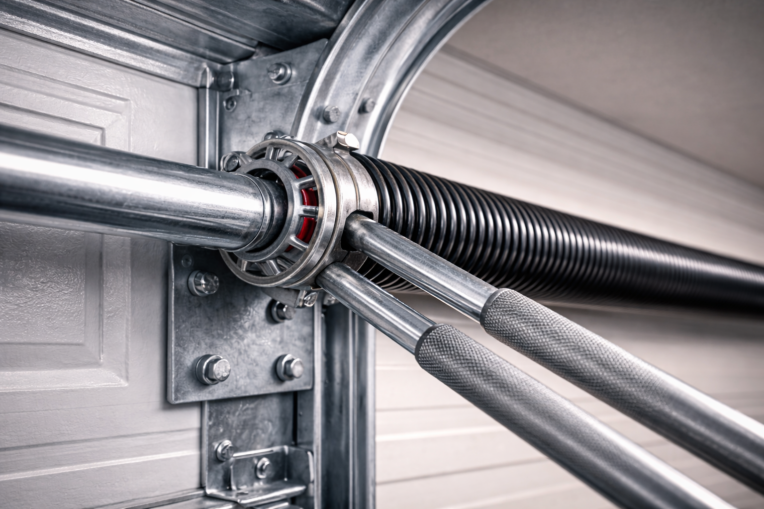 Garage door spring mechanism with a coiled spring and metal supports.