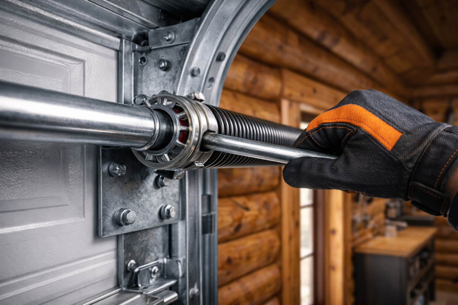A gloved hand adjusts a garage door spring. Focus on spring and metal hardware in a wooden garage.