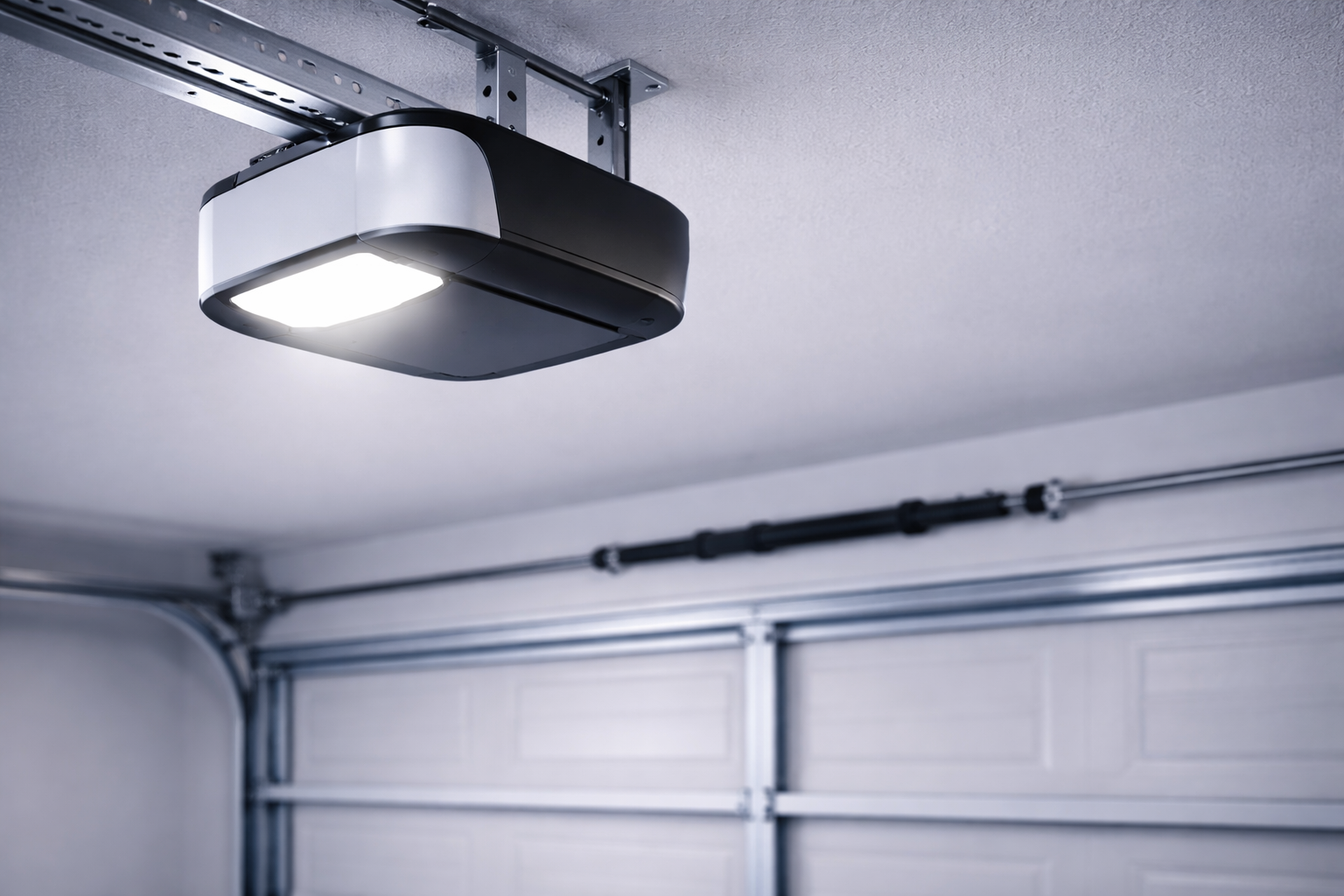Garage door opener mounted on ceiling with light illuminating garage door.