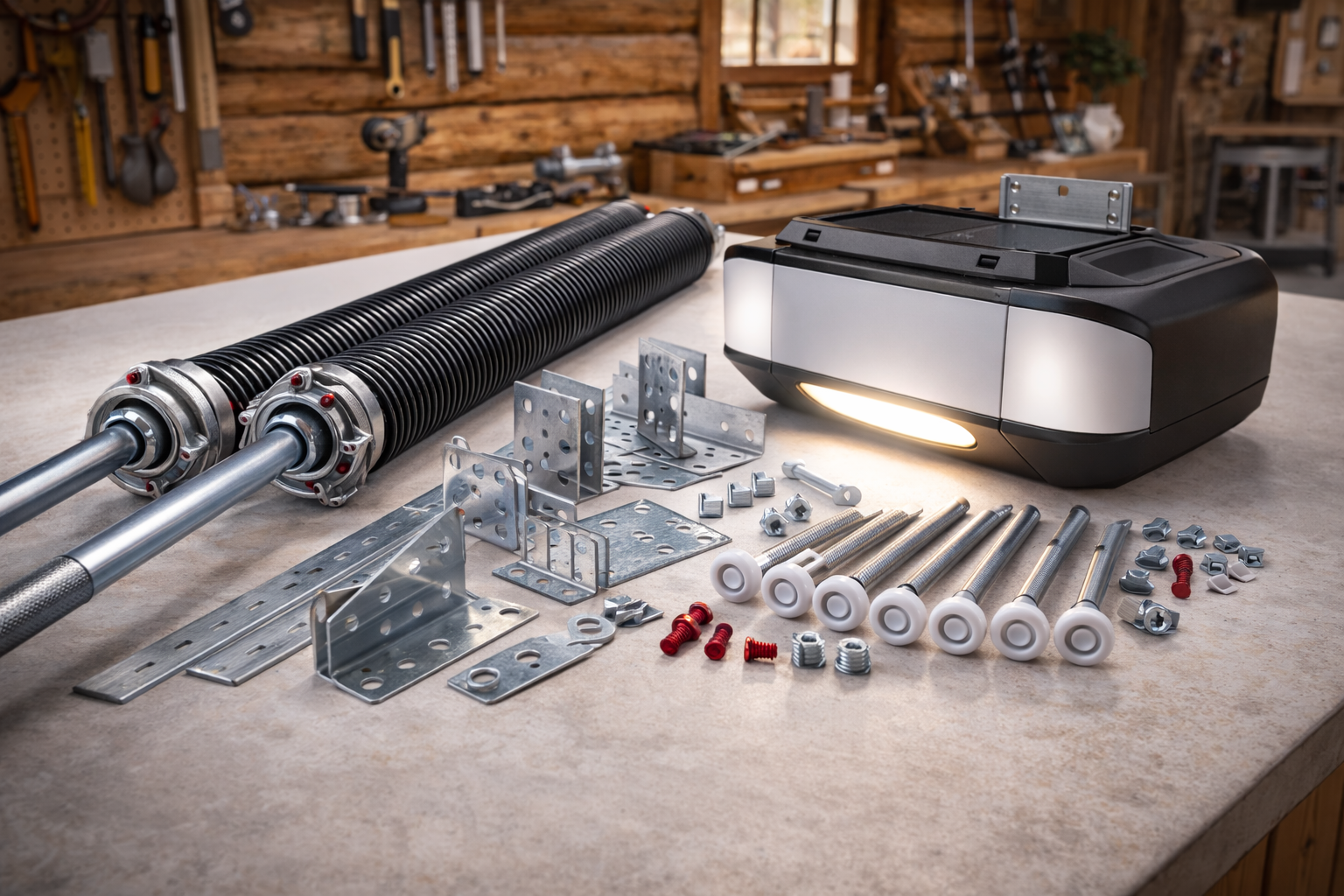 Garage door opener parts laid out on a workbench in a workshop.