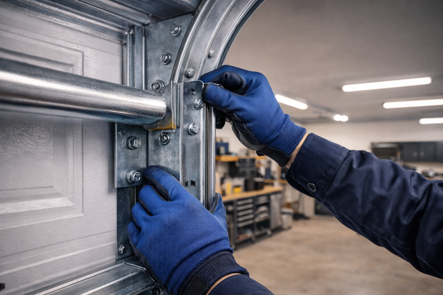 Hands in blue gloves tightening bolts on a garage door track.