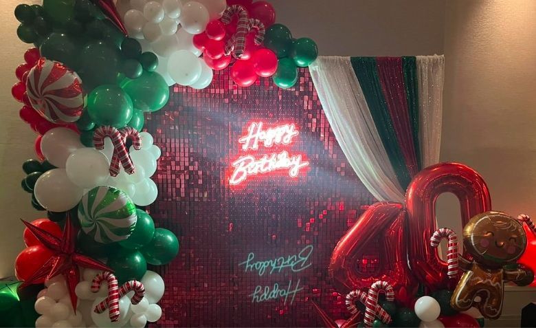 Festive birthday backdrop with balloons, 