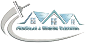 ProSolar Window Cleaners logo with roofline, windows, and squeegee in blue and gray