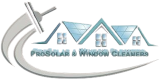 ProSolar Window Cleaners logo with roofline, windows, and squeegee in blue and gray