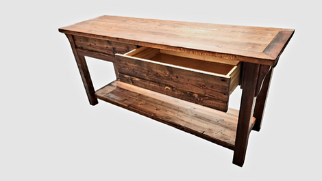 A wooden table with a drawer open on a white background.