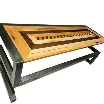 A wooden table with a metal frame on a white background