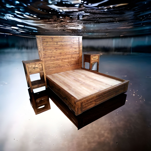 A wooden bed with two nightstands under water