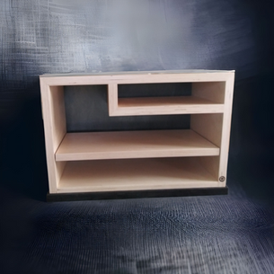 A small wooden shelf with three shelves is sitting on a dark surface.