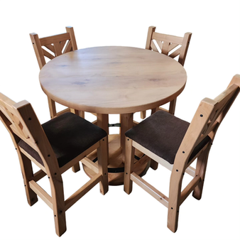 A round wooden table with four chairs around it