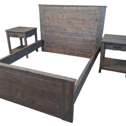 A wooden bed frame with two nightstands next to it