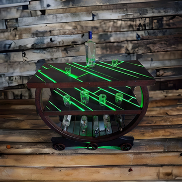 A wooden table with green lights on it