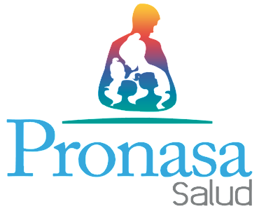 Logotipo de Pronsa Salud con colorida silueta de padres e hijos sobre texto azul