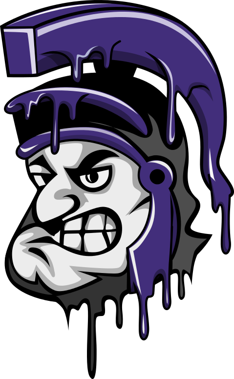 Angry purple and gray cartoon gladiator helmet with dripping paint.