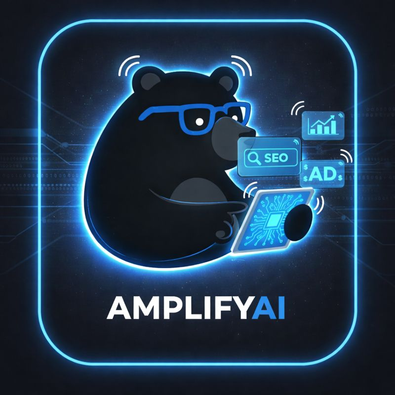 Black bear wearing glasses, holding a tablet displaying SEO, Ads, & charts, with 