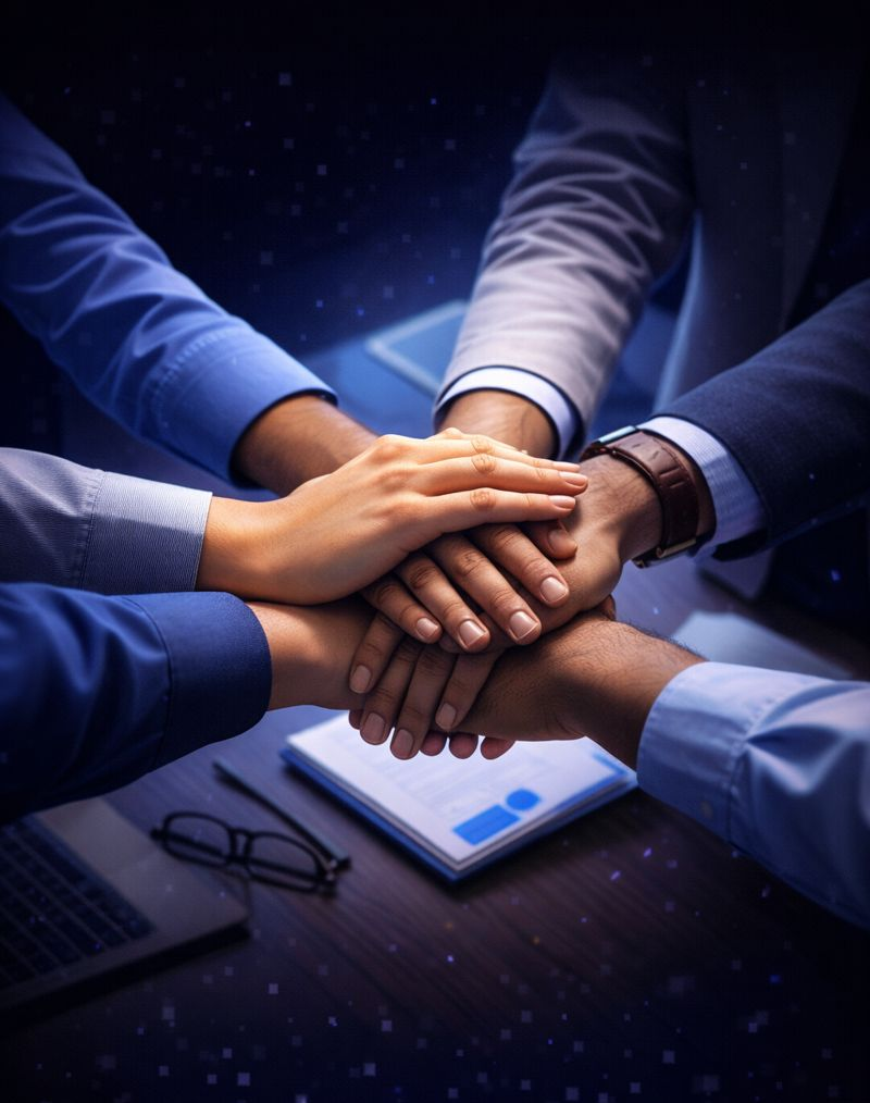 team hands in a huddle image