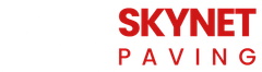 The skynet paving logo is red on a white background