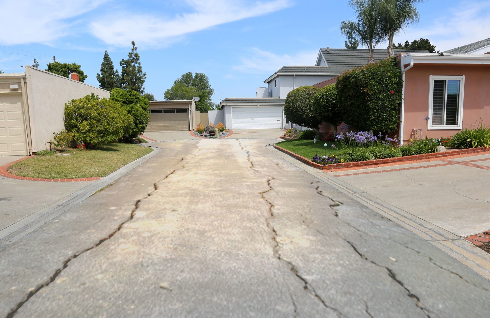 A cracked asphalt driveway leading to a house