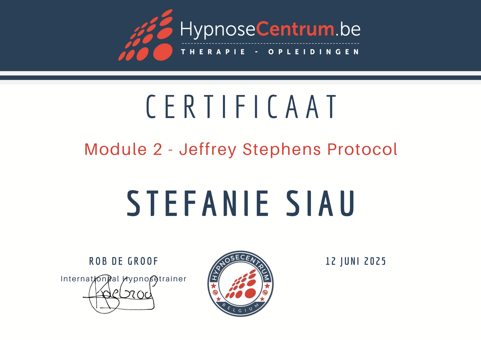 Certificate for Stefanie Siau, Module 2 - Jeffrey Stephens Protocol, from HypnoseCentrum.be.
