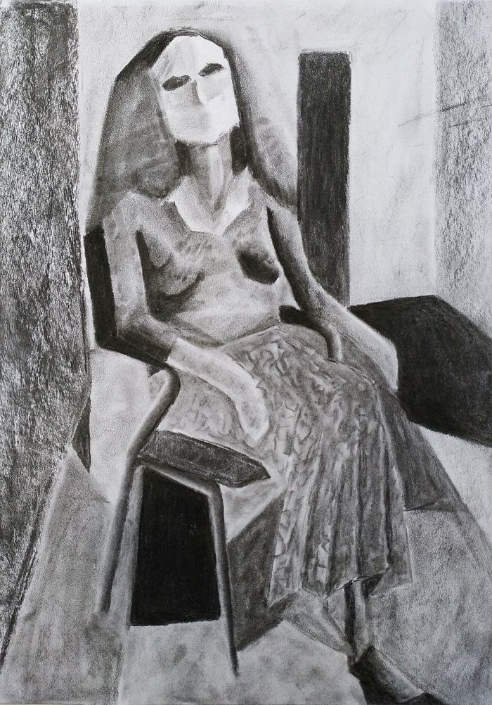 דיקן עצמי - אישה יושבת - ציור פחם על נייר