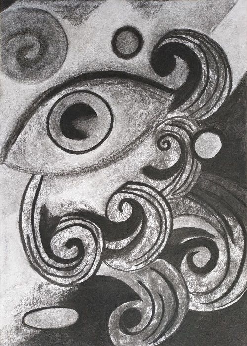 ציור מופשט עם אלמנט של עין בטכניקה פחם על נ ייר