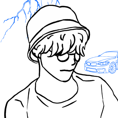 A black and white drawing of a man wearing a hat and a car in the background.