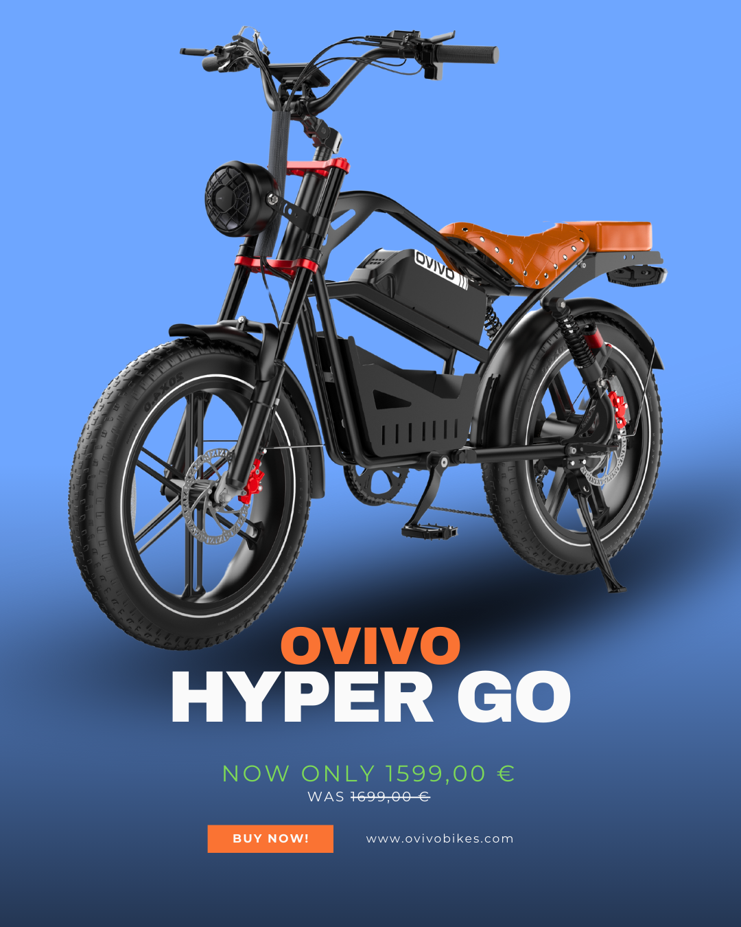 A black motorcycle with a brown seat is on a blue background.