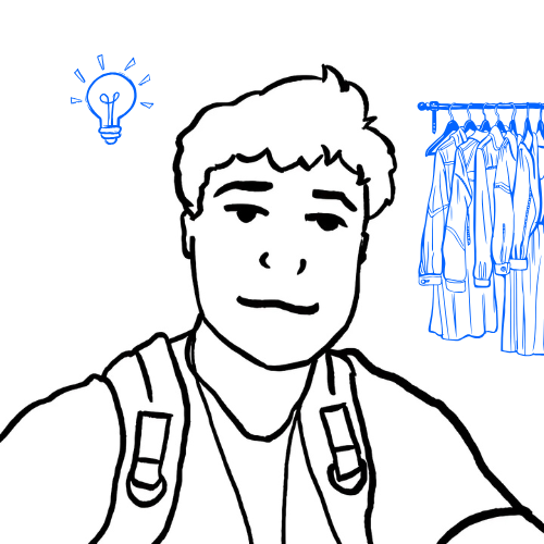 A black and white drawing of a man with a backpack