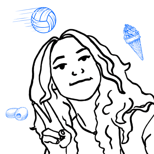 A black and white drawing of a woman giving a peace sign with a volleyball and ice cream in the background.