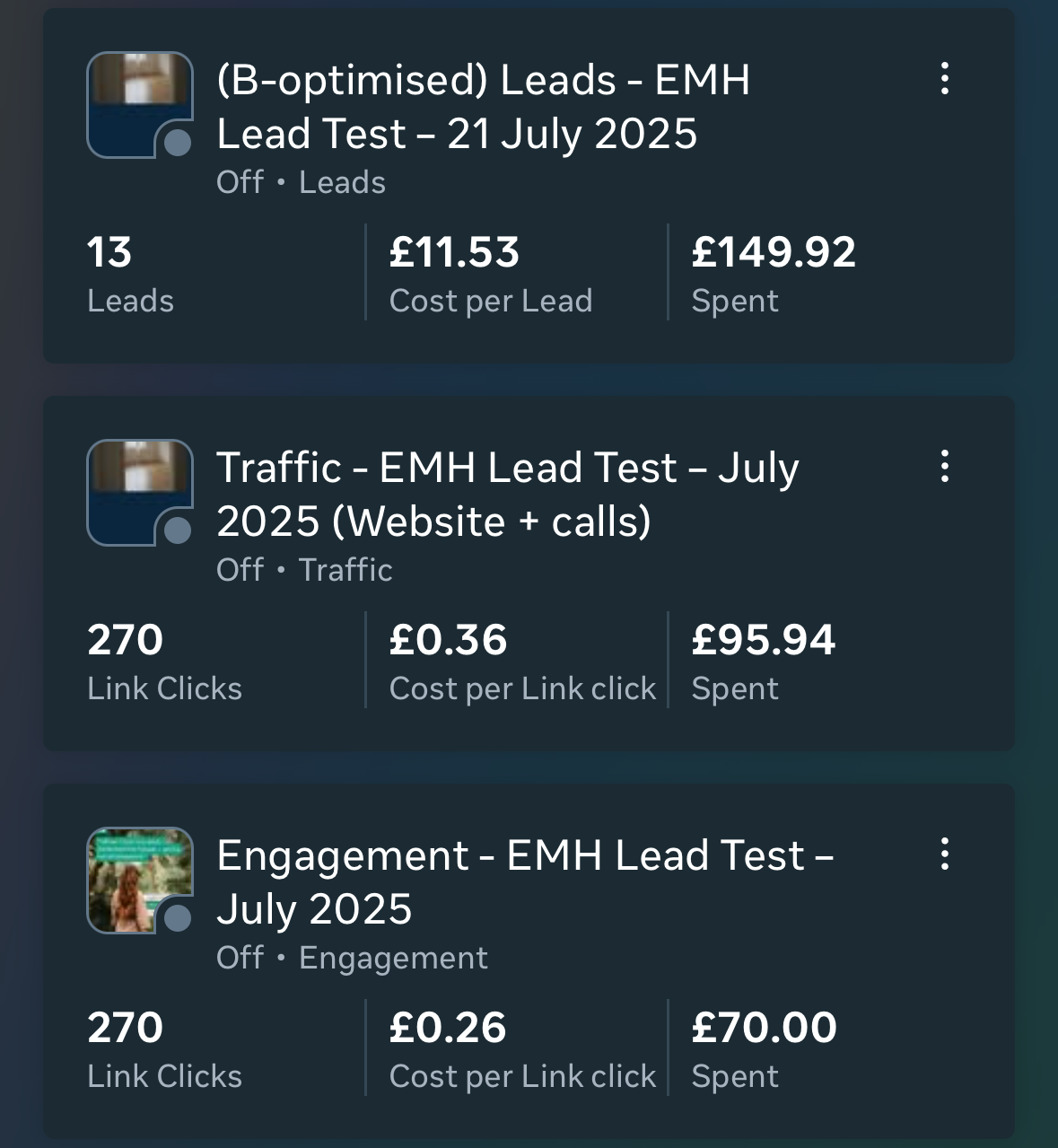 Campaign performance metrics showing leads, traffic, and engagement data, including cost per lead and link clicks.