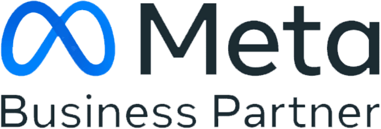 The meta business partner logo is blue and black on a white background. Ervins Studio - Meta Business Partner
