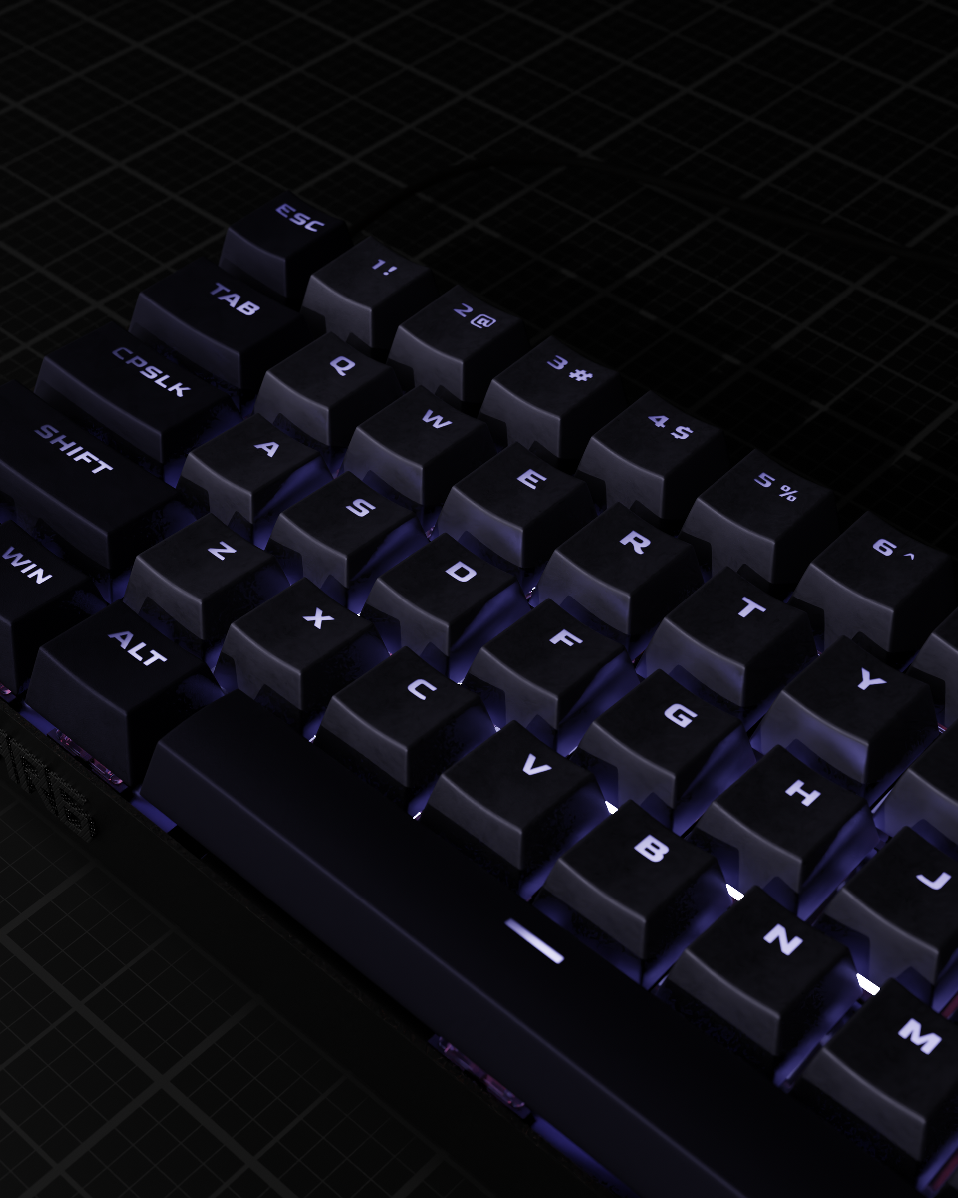A close up of a black keyboard with purple keys 3d design render concept gaming keyboar