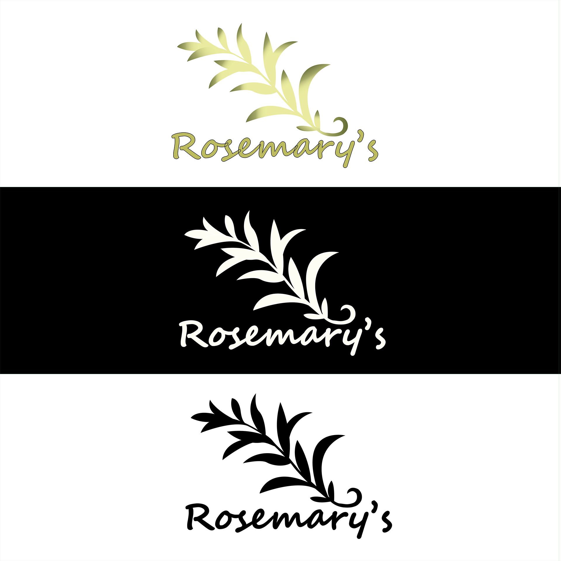 A logo for rosemary 's has a branch with leaves on it