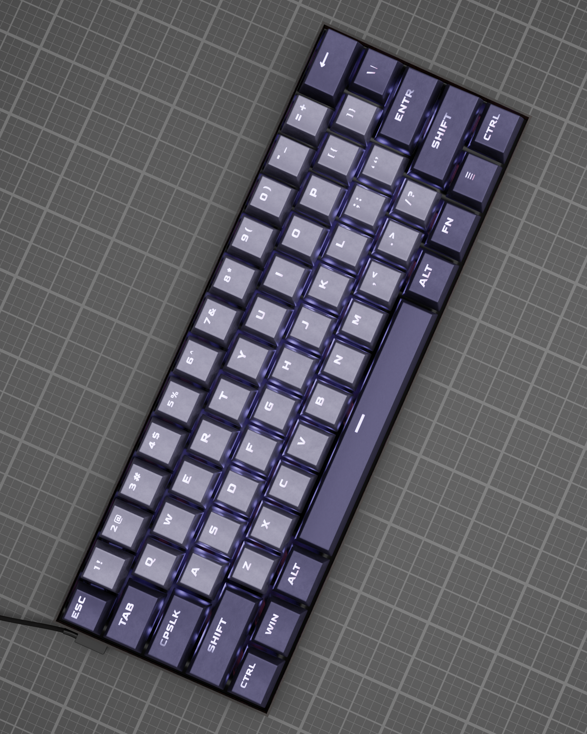 A black and purple keyboard is sitting on top of a grid. 3d design render concept gaming keyboar