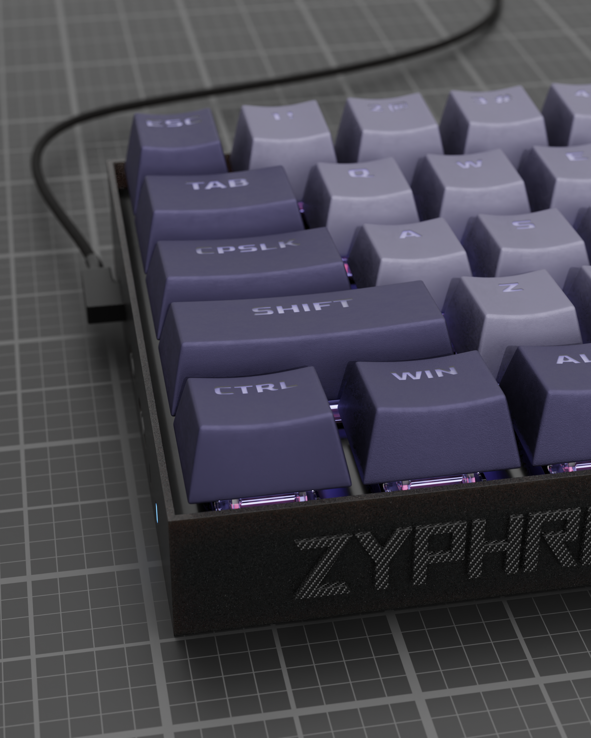 A keyboard with purple keys has the word zyphire written on it 3d design render concept gaming keyboar