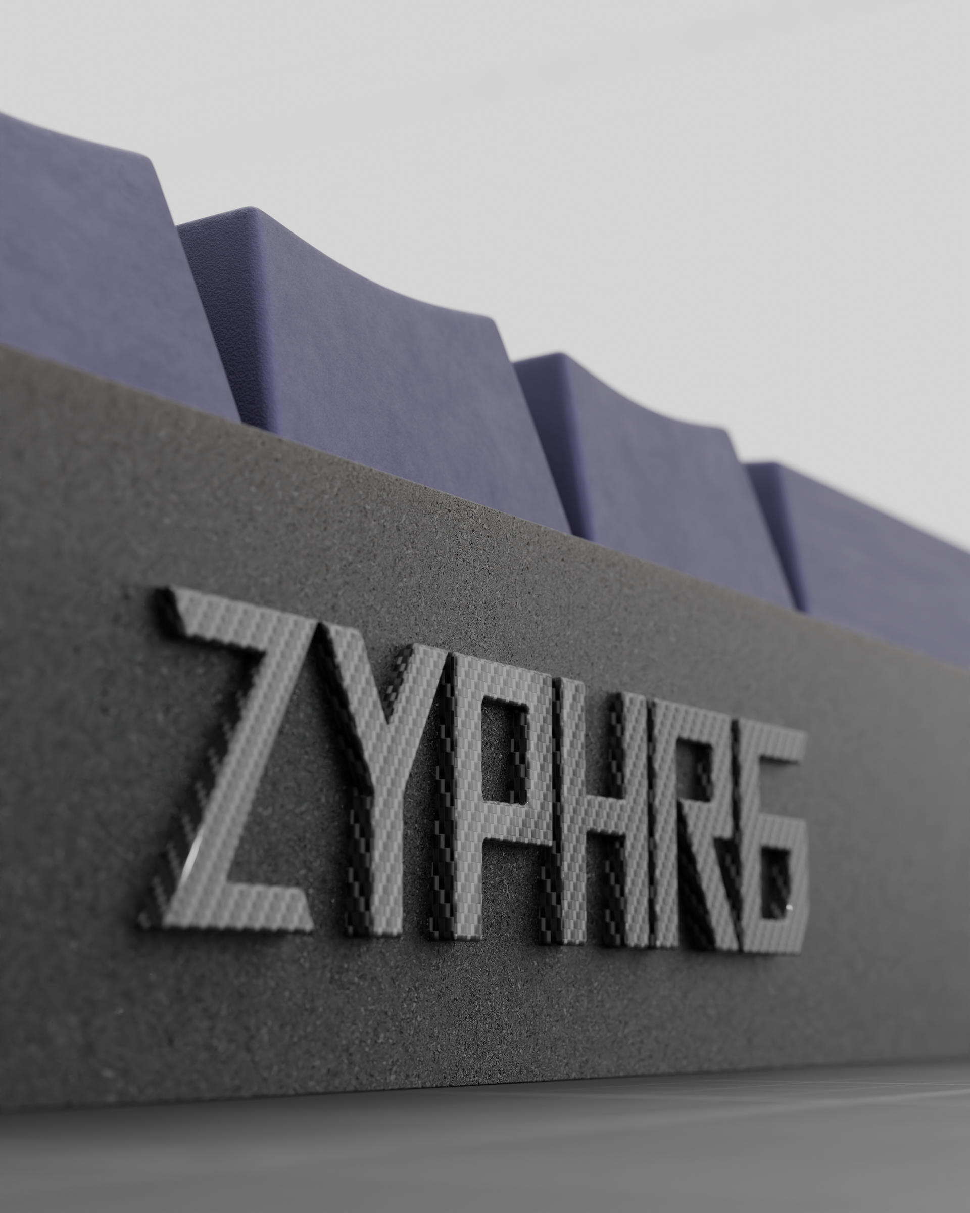 The word zyphre is on a gray surface, 3d design render concept gaming keyboar