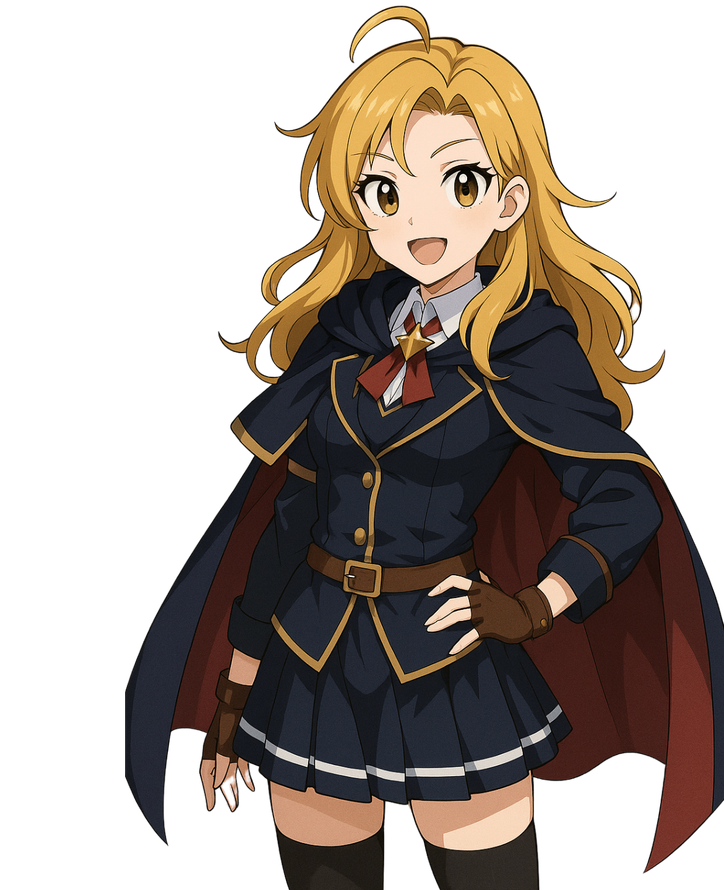 A girl with blonde hair is wearing a school uniform and a cape.