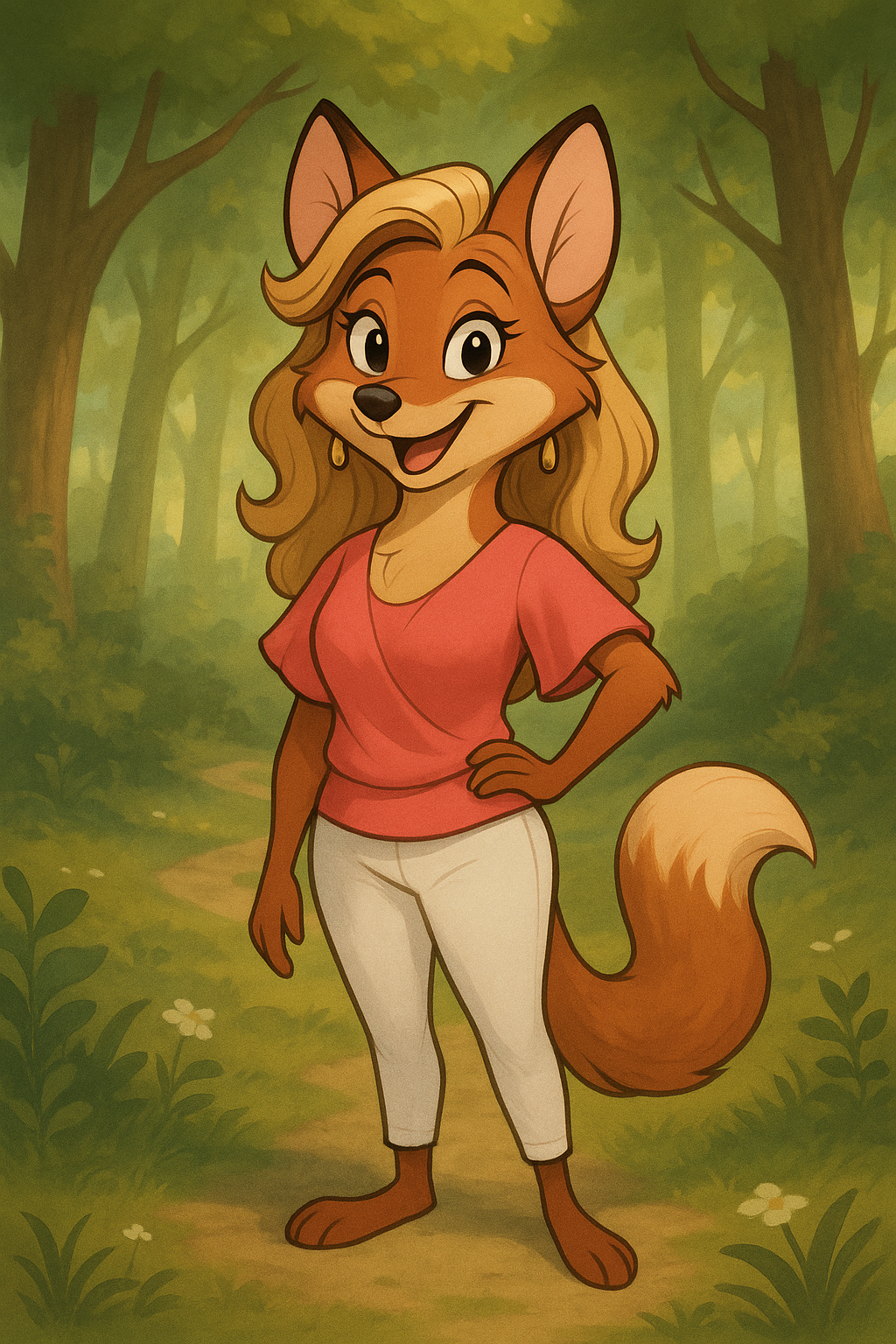 A cartoon fox wearing a pink shirt and white pants is standing in a forest.