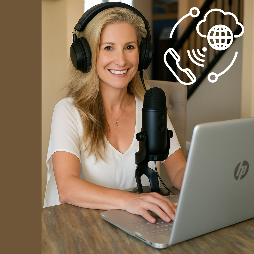 A woman with headphones, a microphone, and a laptop, smiling, recording a podcast.