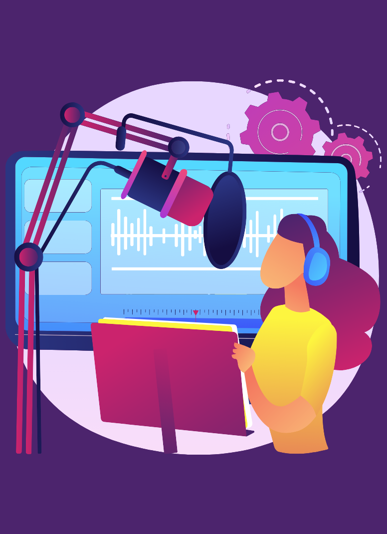 Woman recording a podcast; microphone, screen, headphones, and notes in a purple setting.
