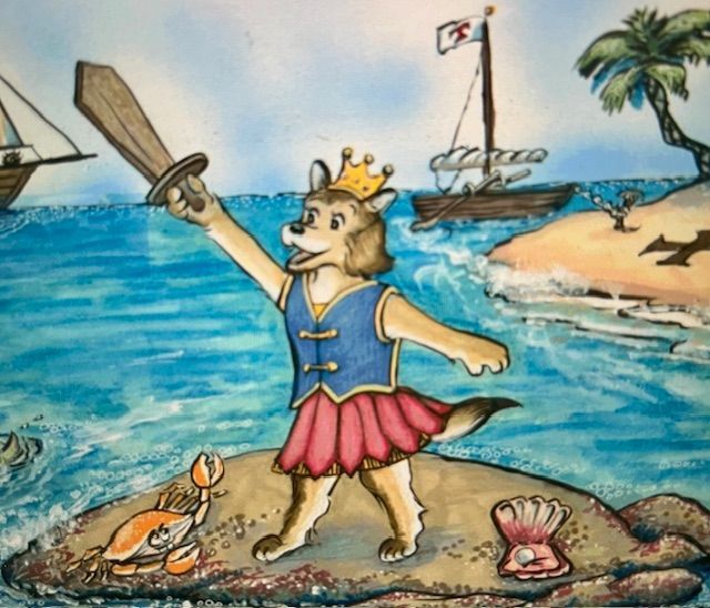 Dog king with sword on small island, crab, seashell, boats, blue sea, waving.